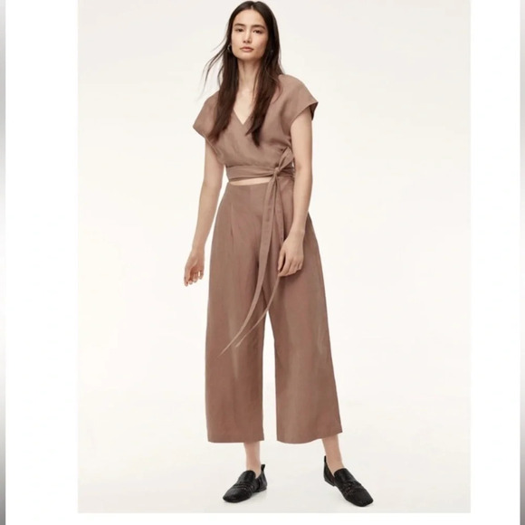 Aritzia Wilfred Brax Nutmeg  Linen
Blend Jumpsuit Open Front Wrap cut out size 4 - Picture 1 of 16